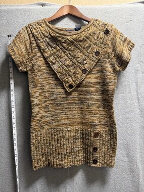 DeRotchild Marled Knit Short Sleeve Sweater - Brown & mustard